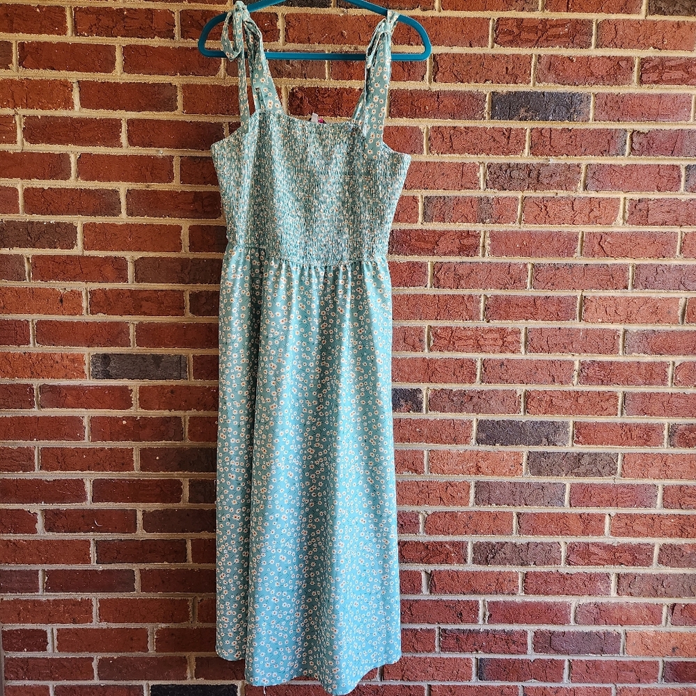 Green Yellow Ditsy Floral Lined Smocked Dress Sundress Size 18 Side Pockets